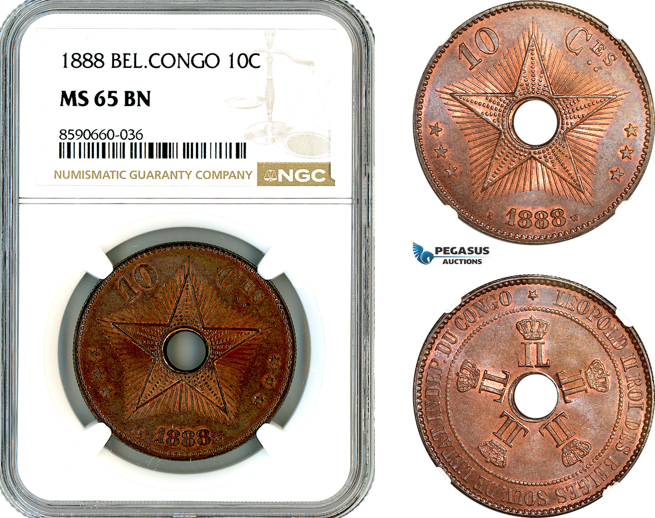 AL812, Belgian Congo, Leopold II, 10 Centimes 1888, NGC MS65BN