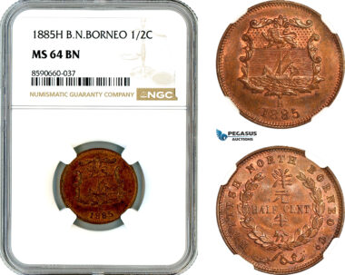 AL813, British North Borneo, 1/2 Cent 1885 H, Heaton MINT, NGC MS64BN