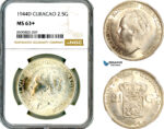 AL832, Netherlands Antilles, Curacao, Wilhelmina, 2 1/2 Gulden 1944 D, Denver Mint, Silver, NGC MS63+