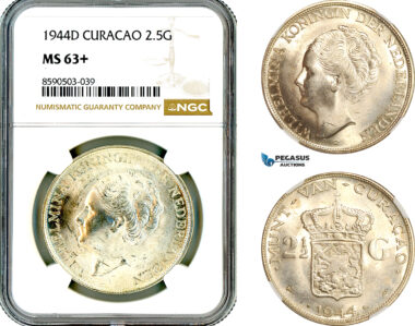 AL832, Netherlands Antilles, Curacao, Wilhelmina, 2 1/2 Gulden 1944 D, Denver Mint, Silver, NGC MS63+