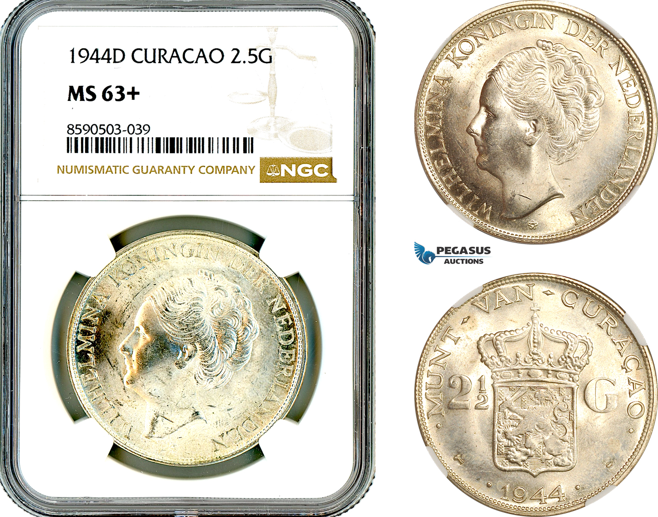AL832, Netherlands Antilles, Curacao, Wilhelmina, 2 1/2 Gulden 1944 D, Denver Mint, Silver, NGC MS63+