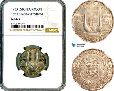 AL833, Estonia, 1 Kroon 1933, Singing Festival, Silver, NGC MS63