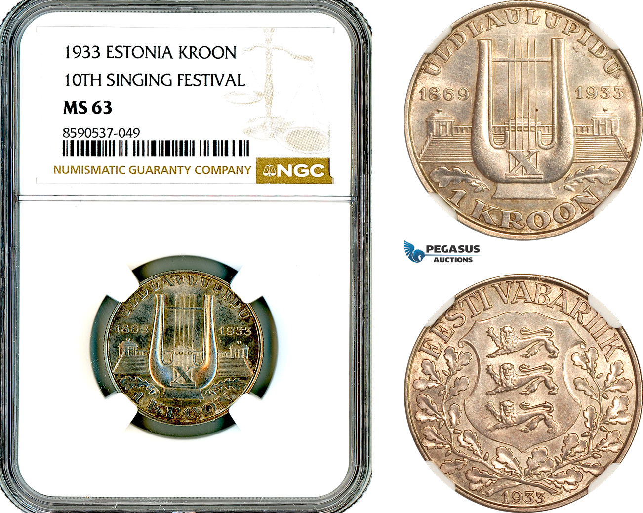 AL833, Estonia, 1 Kroon 1933, Singing Festival, Silver, NGC MS63