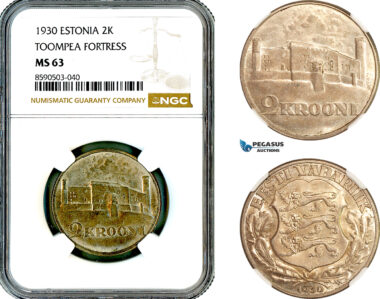 AL834, Estonia, 2 Krooni 1930, "Toompea Fortress", Silver, NGC MS63