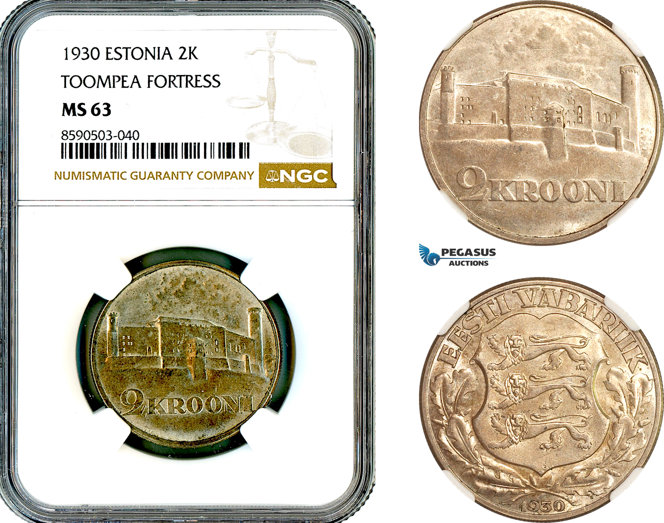 AL834, Estonia, 2 Krooni 1930, "Toompea Fortress", Silver, NGC MS63