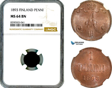 AL835, Finland, Alexander III. of Russia, 1 Penni 1893, Helsinki Mint, NGC MS64BN