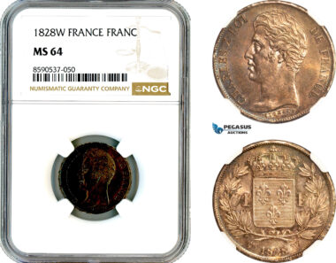AL836, France, Charles X, 1 Franc 1828 W, Lille Mint, Silver, NGC MS64