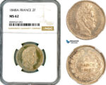 AL837, France, Louis Philippe, 2 Francs 1848 A, Paris Mint, Silver, NGC MS62