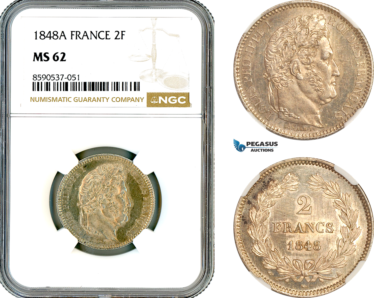 AL837, France, Louis Philippe, 2 Francs 1848 A, Paris Mint, Silver, NGC MS62