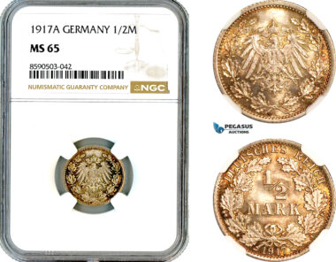 AL838, Germany, William II, 1/2 Mark 1917 A, Berlin Mint, Silver, NGC MS65