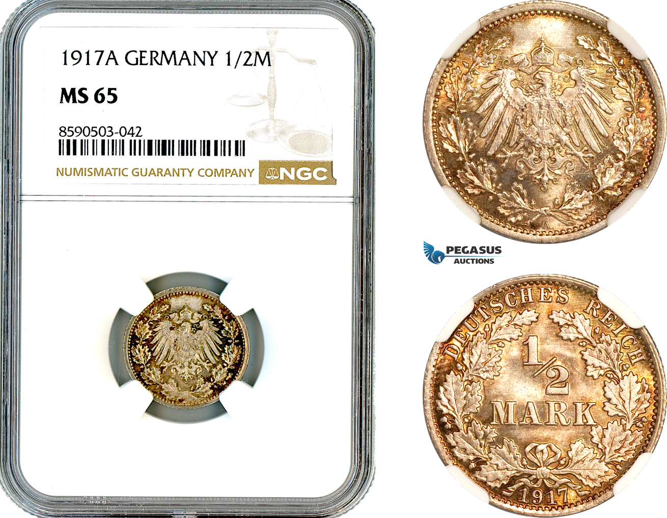 AL838, Germany, William II, 1/2 Mark 1917 A, Berlin Mint, Silver, NGC MS65