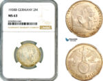 AL839, Germany, Third Reich, 2 Reichsmark 1938 B, Vienna Mint, Silver, “Paul von Hindenburg “, NGC MS63