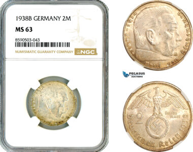 AL839, Germany, Third Reich, 2 Reichsmark 1938 B, Vienna Mint, Silver, “Paul von Hindenburg “, NGC MS63