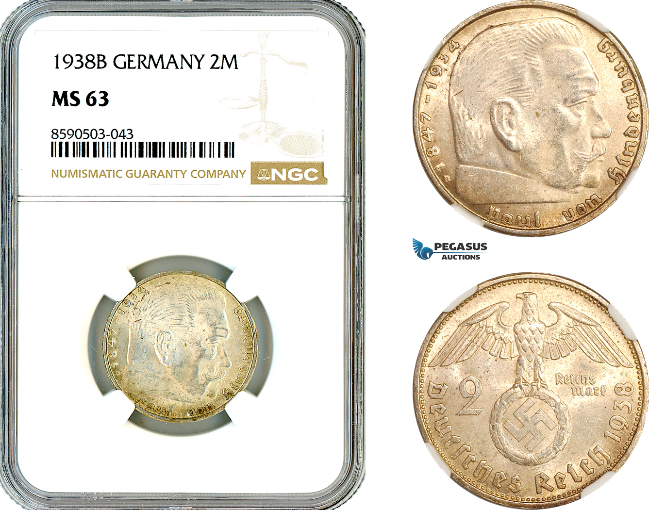 AL839, Germany, Third Reich, 2 Reichsmark 1938 B, Vienna Mint, Silver, “Paul von Hindenburg “, NGC MS63