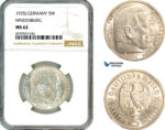 AL840, Germany, Third Reich, 5 Reichsmark 1935 J, Hamburg Mint, Paul von Hindenburg, Silver, NGC MS62