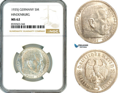 AL840, Germany, Third Reich, 5 Reichsmark 1935 J, Hamburg Mint, Paul von Hindenburg, Silver, NGC MS62