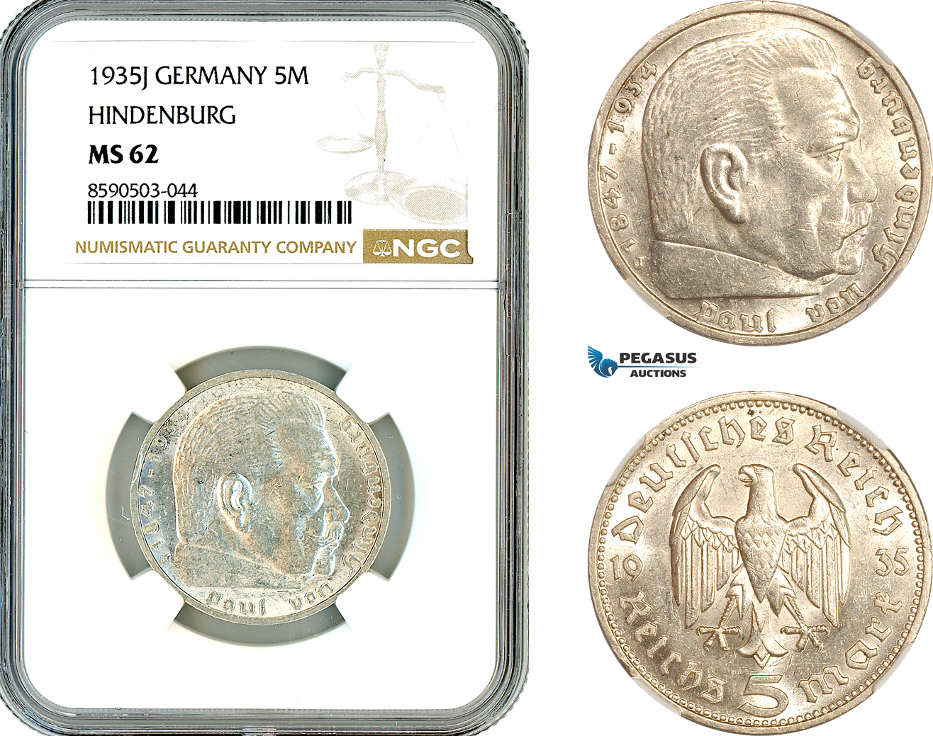 AL840, Germany, Third Reich, 5 Reichsmark 1935 J, Hamburg Mint, Paul von Hindenburg, Silver, NGC MS62