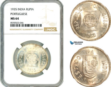 AL842, India (Portuguese), 1 Rupia 1935, Lisbon Mint, Silver, NGC MS64