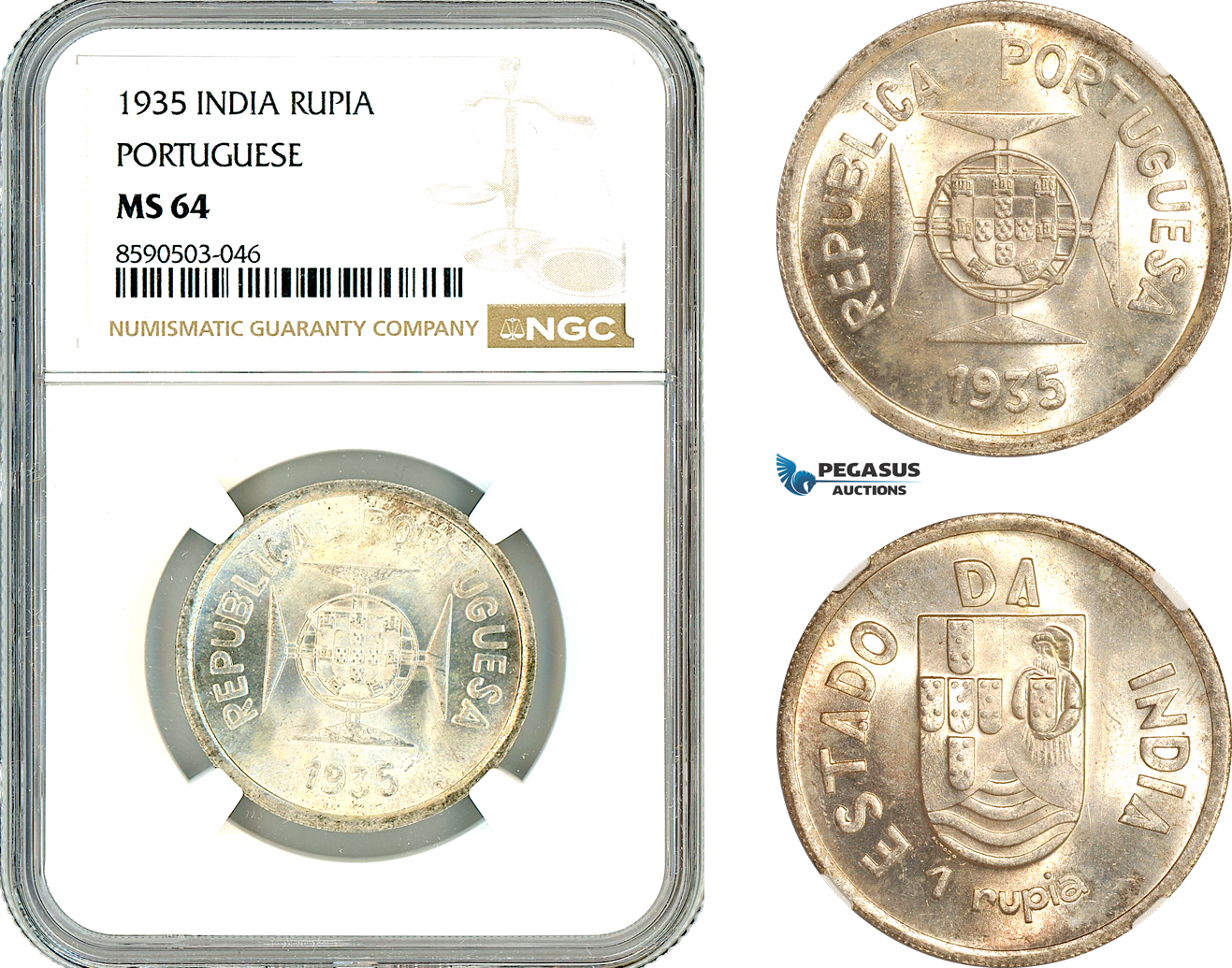 AL842, India (Portuguese), 1 Rupia 1935, Lisbon Mint, Silver, NGC MS64