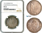 AL843, Norway, Haakon VII, 2 Kroner 1914, "Constitution Centennial", Kongsberg Mint, Silver, NGC MS62