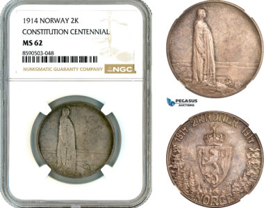 AL843, Norway, Haakon VII, 2 Kroner 1914, "Constitution Centennial", Kongsberg Mint, Silver, NGC MS62