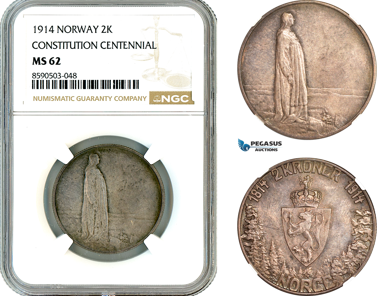 AL843, Norway, Haakon VII, 2 Kroner 1914, "Constitution Centennial", Kongsberg Mint, Silver, NGC MS62
