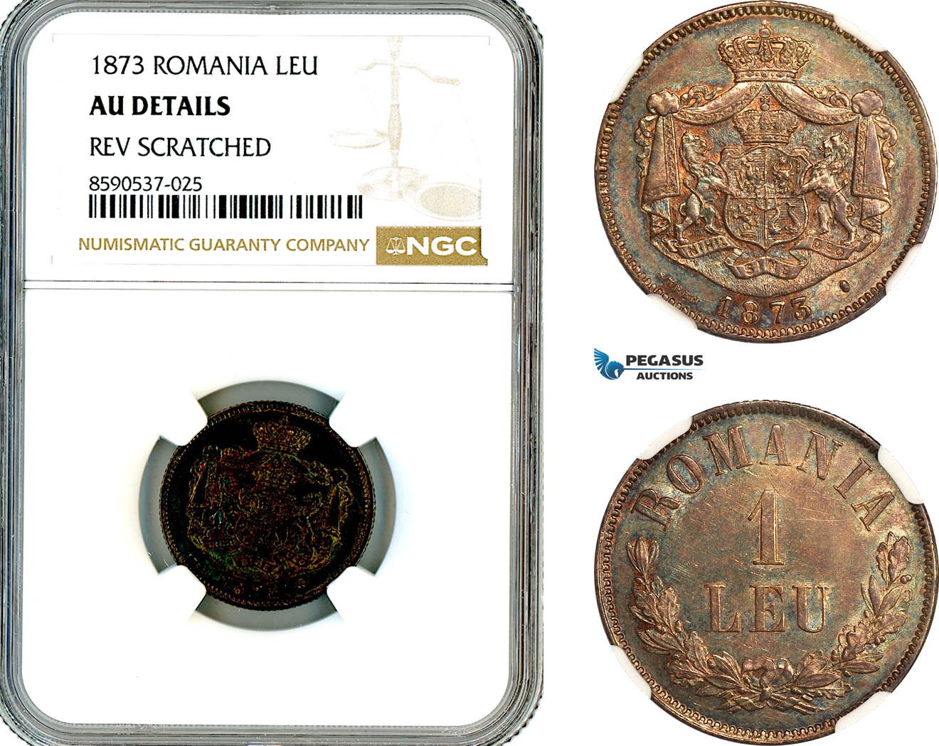 AL845, Romania, Carol I, 1 Leu 1873, Brussels Mint, Silver, NGC AU Details
