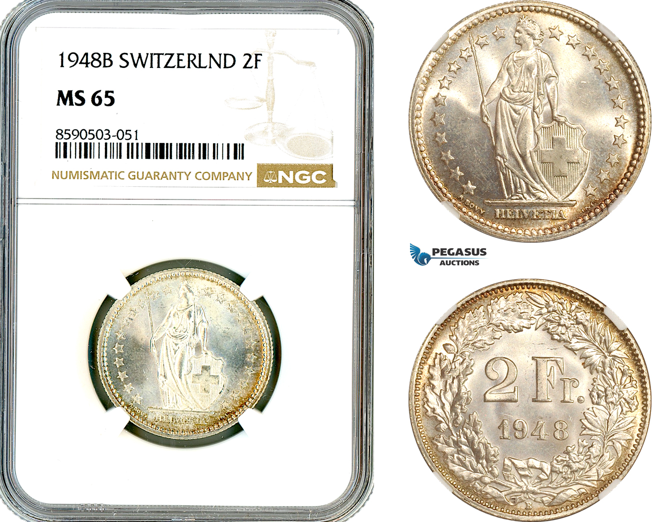 AL846, Switzerland, 2 Francs 1948 B, Bern Mint, Silver, NGC MS65