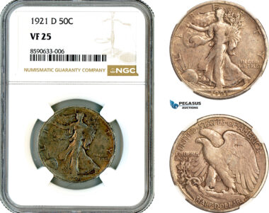 AL847, United States, Walking Liberty Half Dollar (50C) 1921 D, Denver Mint, Silver, NGC VF25