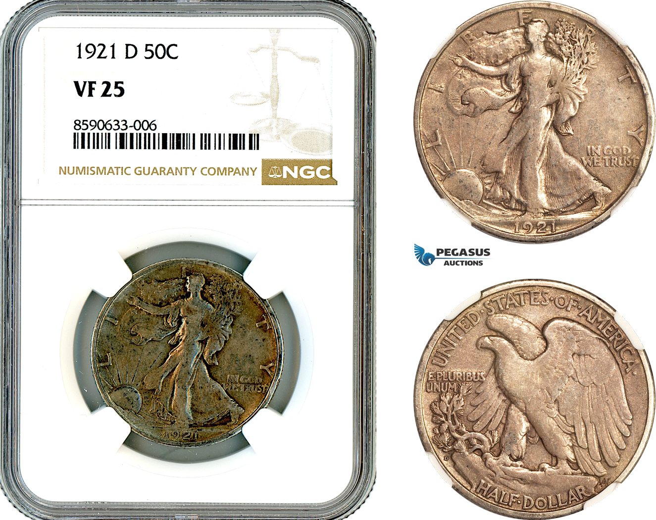 AL847, United States, Walking Liberty Half Dollar (50C) 1921 D, Denver Mint, Silver, NGC VF25