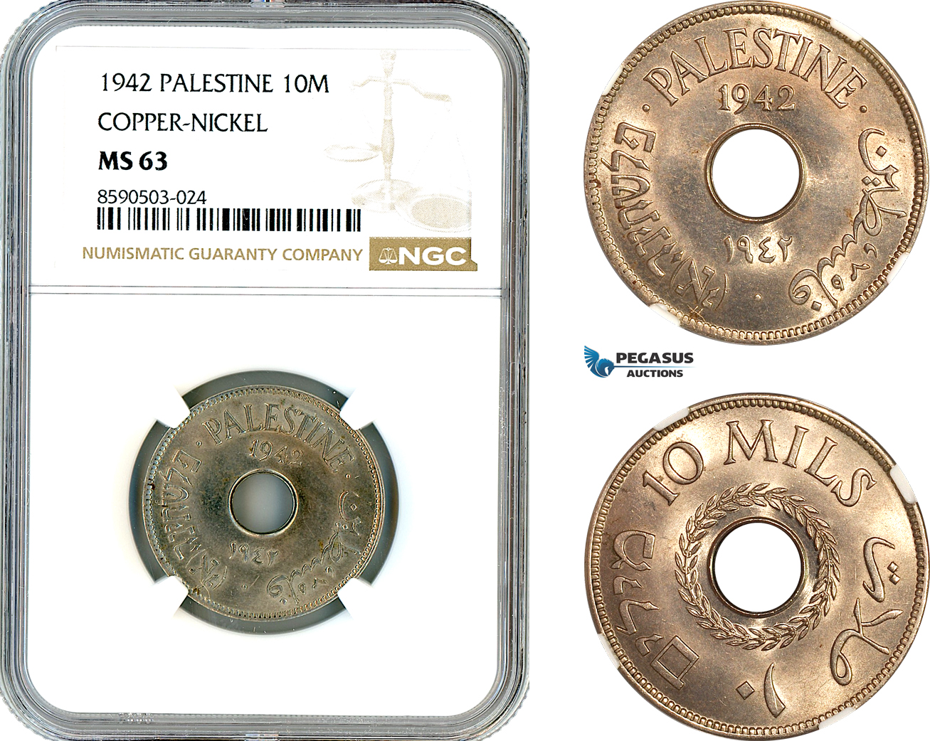 AL849, Palestine, 10 Mils 1942, London Mint, Copper-Nickel, NGC MS63