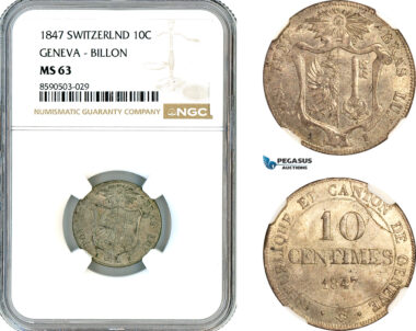 AL853, Switzerland, Geneva, 10 Centimes 1847, Billon, NGC MS63