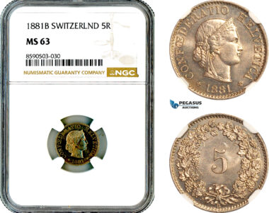 AL854, Switzerland, 5 Rappen 1881 B, Bern Mint, NGC MS63