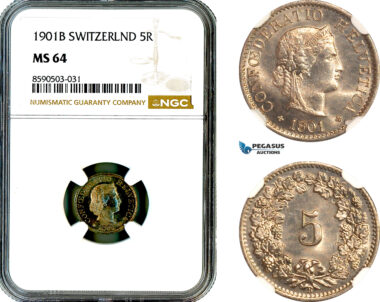 AL855, Switzerland, 5 Rappen 1901 B, Bern Mint, NGC MS64