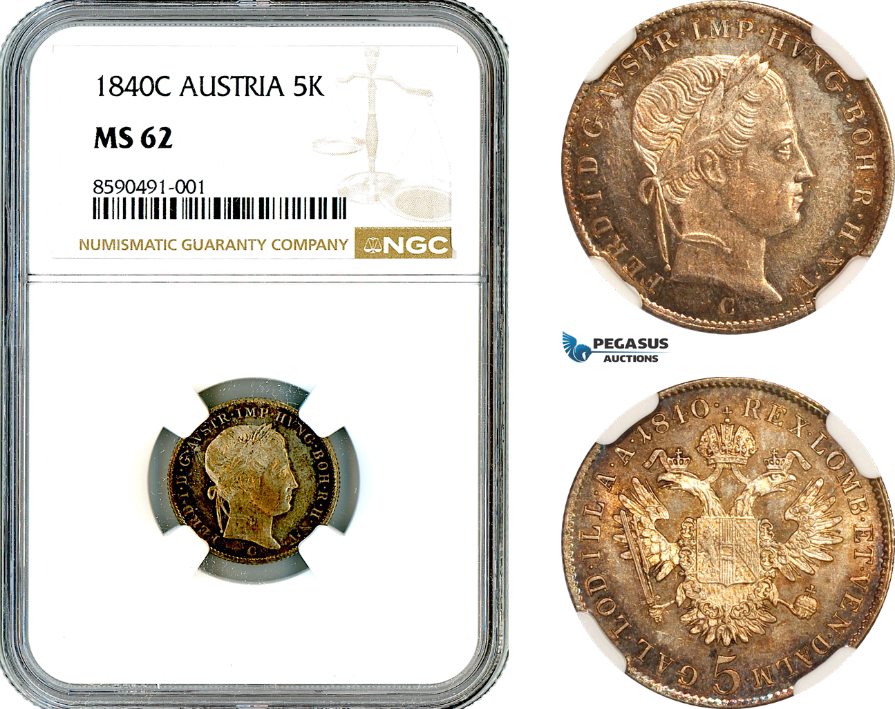 AL858, Austria, Ferdinand I, 5 Kreuzer 1840 C, Prague Mint, Silver, NGC MS62