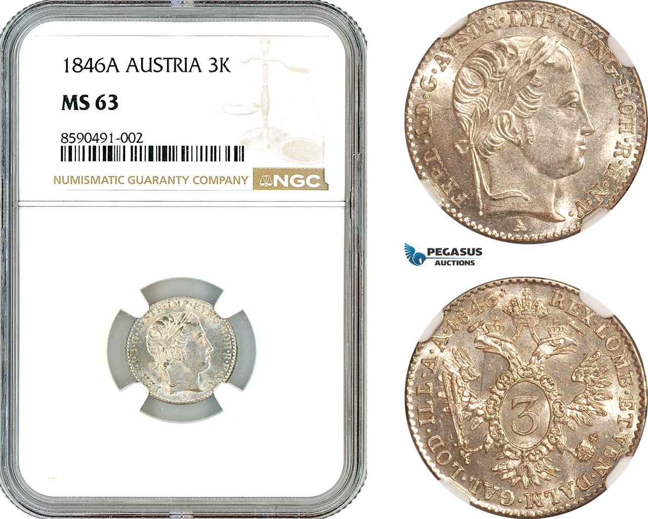 AL859, Austria, Ferdinand I, 3 Kreuzer 1846 A, Vienna Mint, Silver, NGC MS63