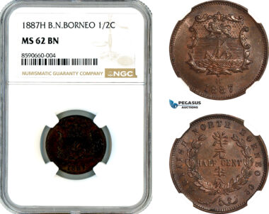 AL860, British North Borneo, 1/2 Cent 1887 H, Heaton Mint, NGC MS62BN, Rare!