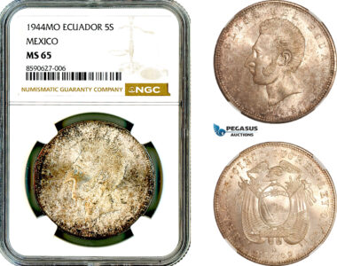 AL862, Ecuador, 5 Sucres 1944, Mexico City Mint, Silver, NGC MS65