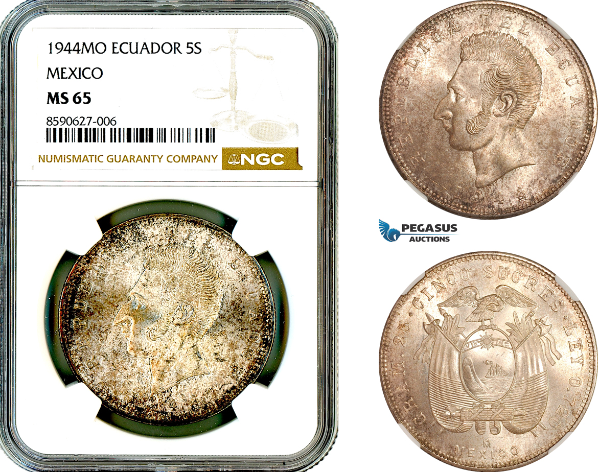 AL862, Ecuador, 5 Sucres 1944, Mexico City Mint, Silver, NGC MS65