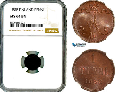 AL863, Finland, Alexander III. of Russia, 1 Penni 1888, Helsinki Mint, NGC MS64BN