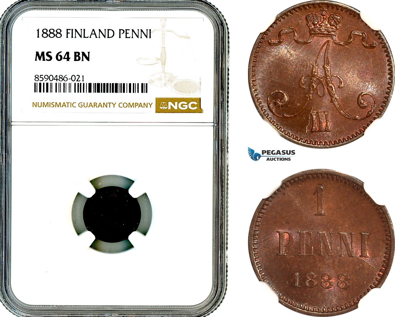 AL863, Finland, Alexander III. of Russia, 1 Penni 1888, Helsinki Mint, NGC MS64BN