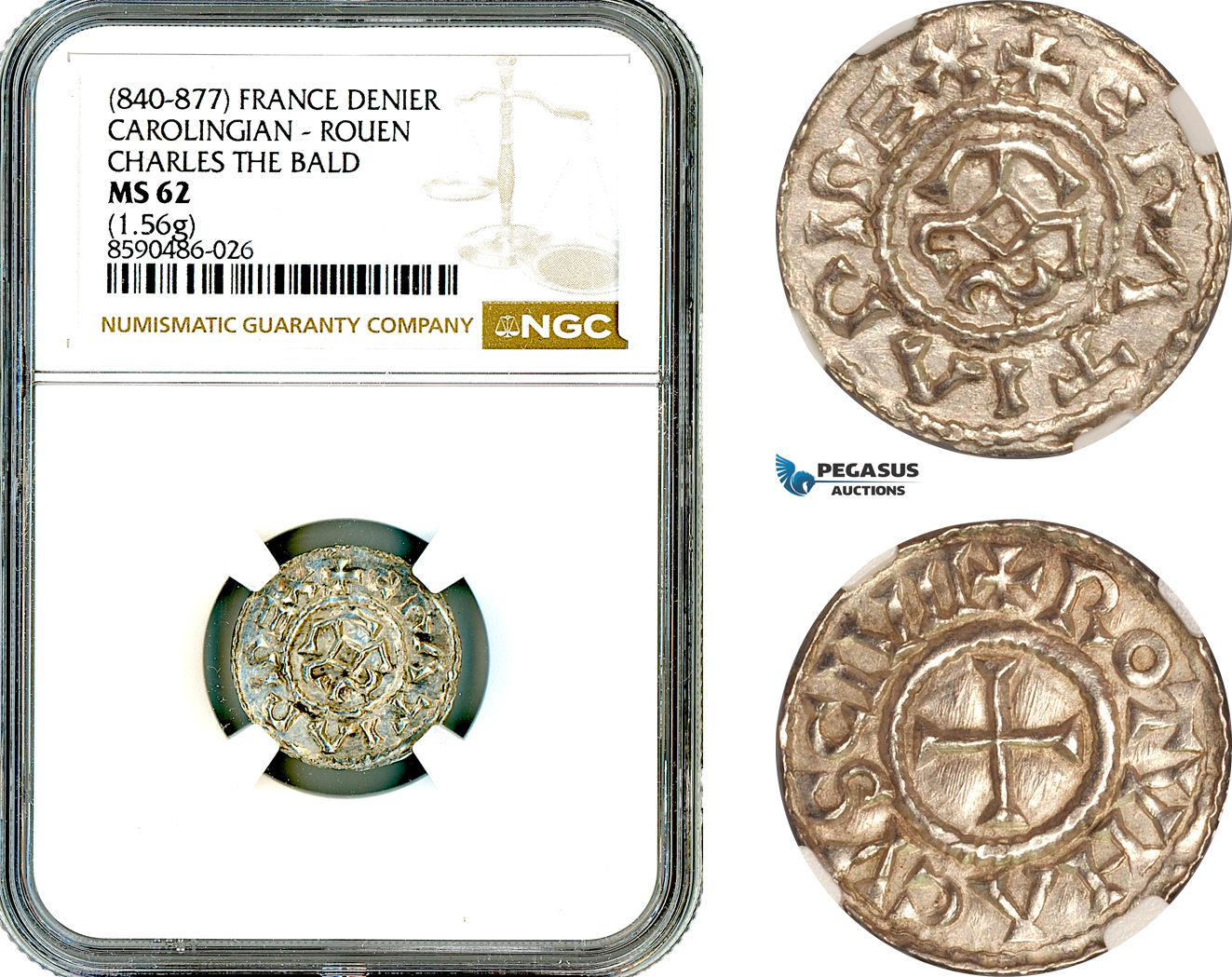 AL864, France, Carolingian, Charles the Bald, Denier ND (840-877), Rouen Mint, Silver, NGC MS62