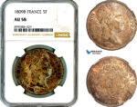 AL866, France, Napoleon, 5 Francs 1809 B, Rouen Mint, Silver, NGC AU58