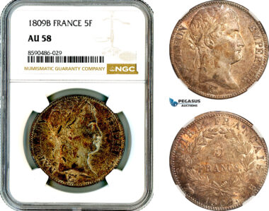 AL866, France, Napoleon, 5 Francs 1809 B, Rouen Mint, Silver, NGC AU58