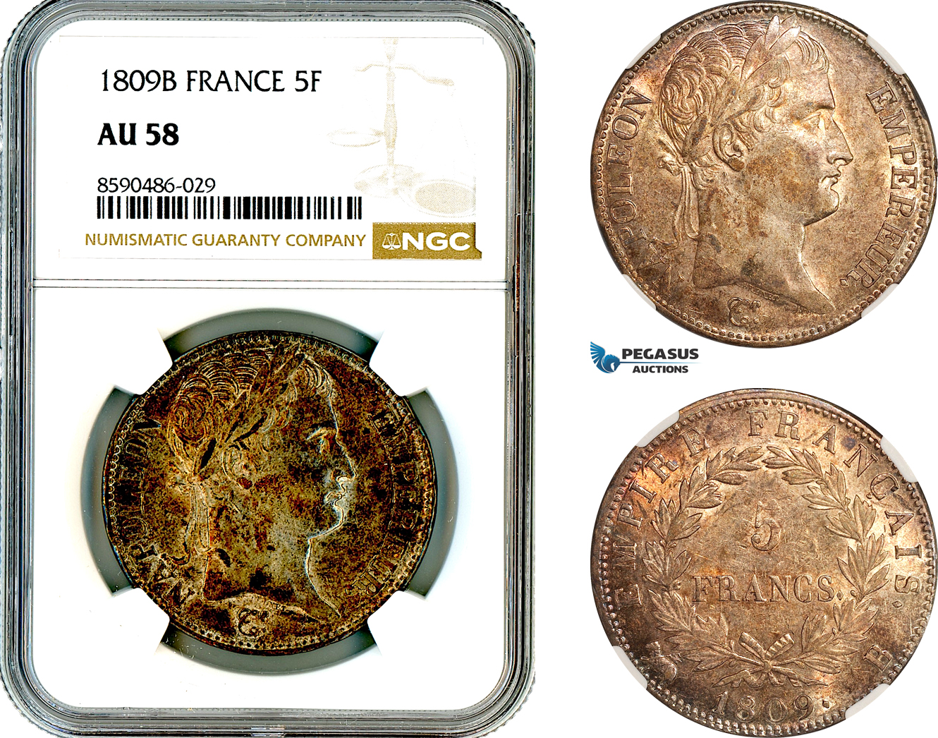 AL866, France, Napoleon, 5 Francs 1809 B, Rouen Mint, Silver, NGC AU58