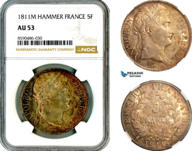 AL867, France, Napoleon, 5 Francs 1811 M, Toulouse Mint, Silver, NGC AU53