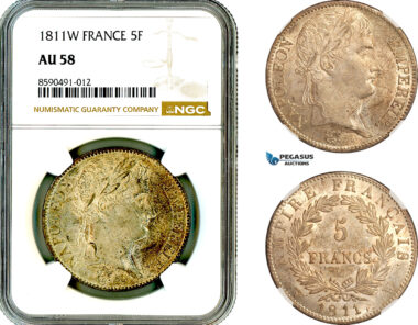 AL868, France, Napoleon, 5 Francs 1811 W, Lille Mint, Silver, NGC AU58