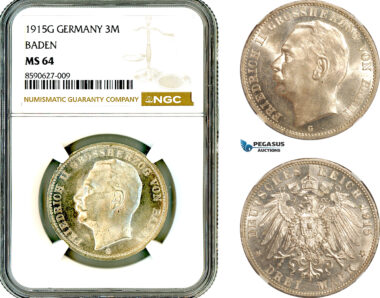 AL869, Germany, Baden, Friedrich II, 3 Mark 1915 G, Karlsruhe Mint, Silver, NGC MS64