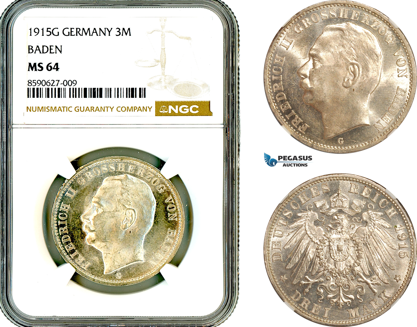 AL869, Germany, Baden, Friedrich II, 3 Mark 1915 G, Karlsruhe Mint, Silver, NGC MS64