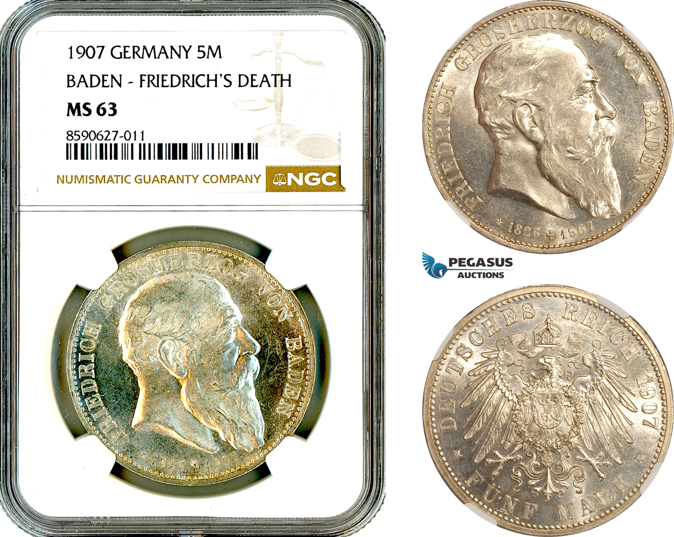 AL871, Germany, Baden, Friedrich I, 5 Mark 1907, Karlsruhe Mint, Frederick’s Death, Silver, NGC MS63